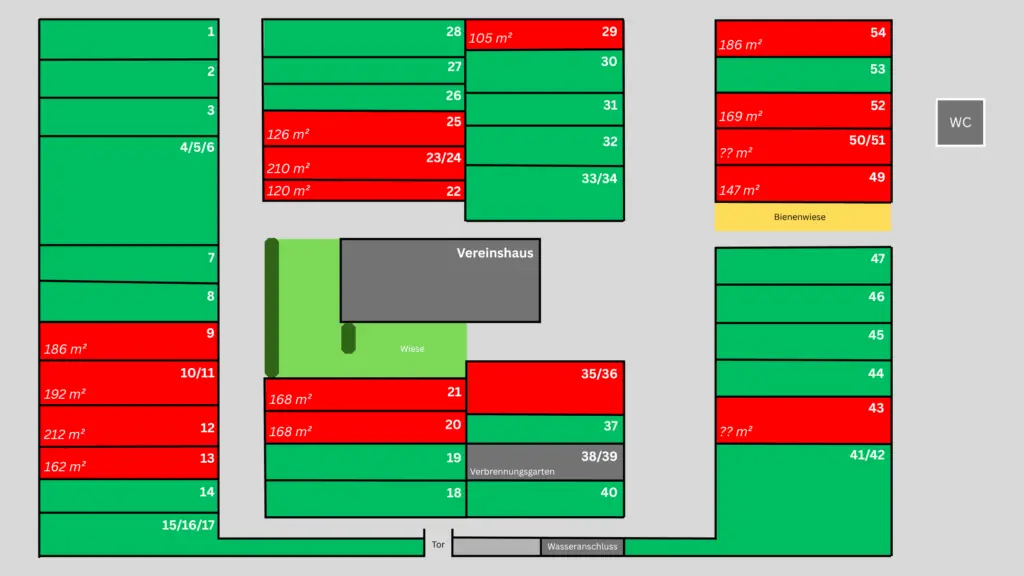 Lageplan Kleingarten Oelsnitz „Frohe Zukunft“ mit freien (rot) und belegten (grün) Gärten